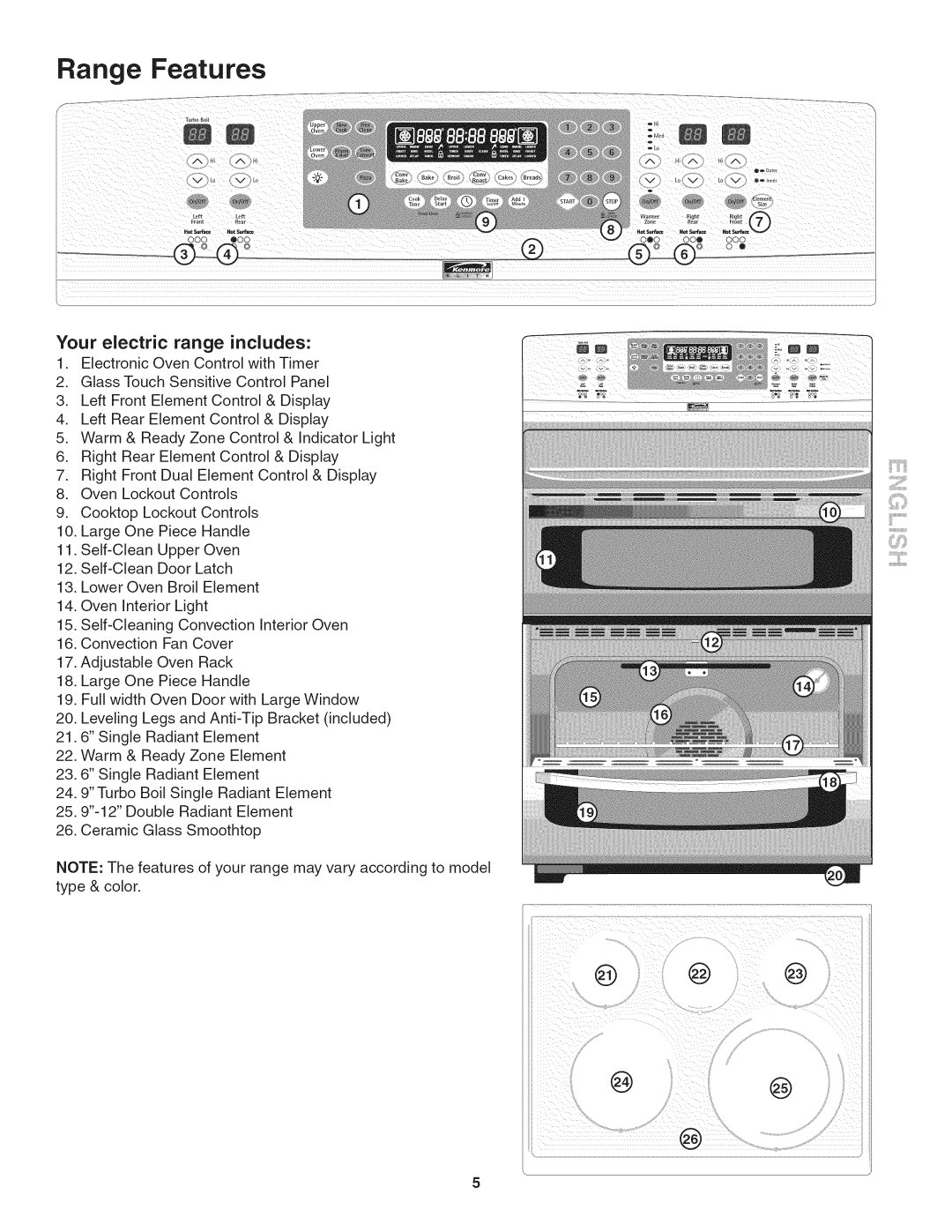 Kenmore 790. 9802 manual Range Features, Your electric range includes 