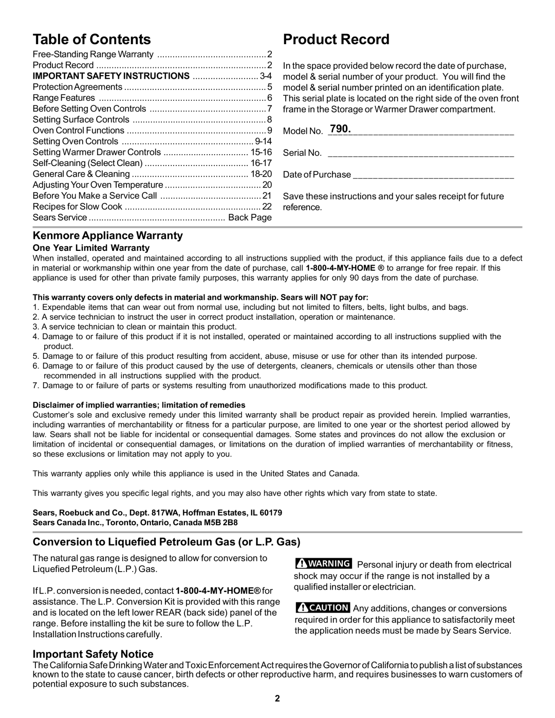 Kenmore 790 manual Table of Contents 