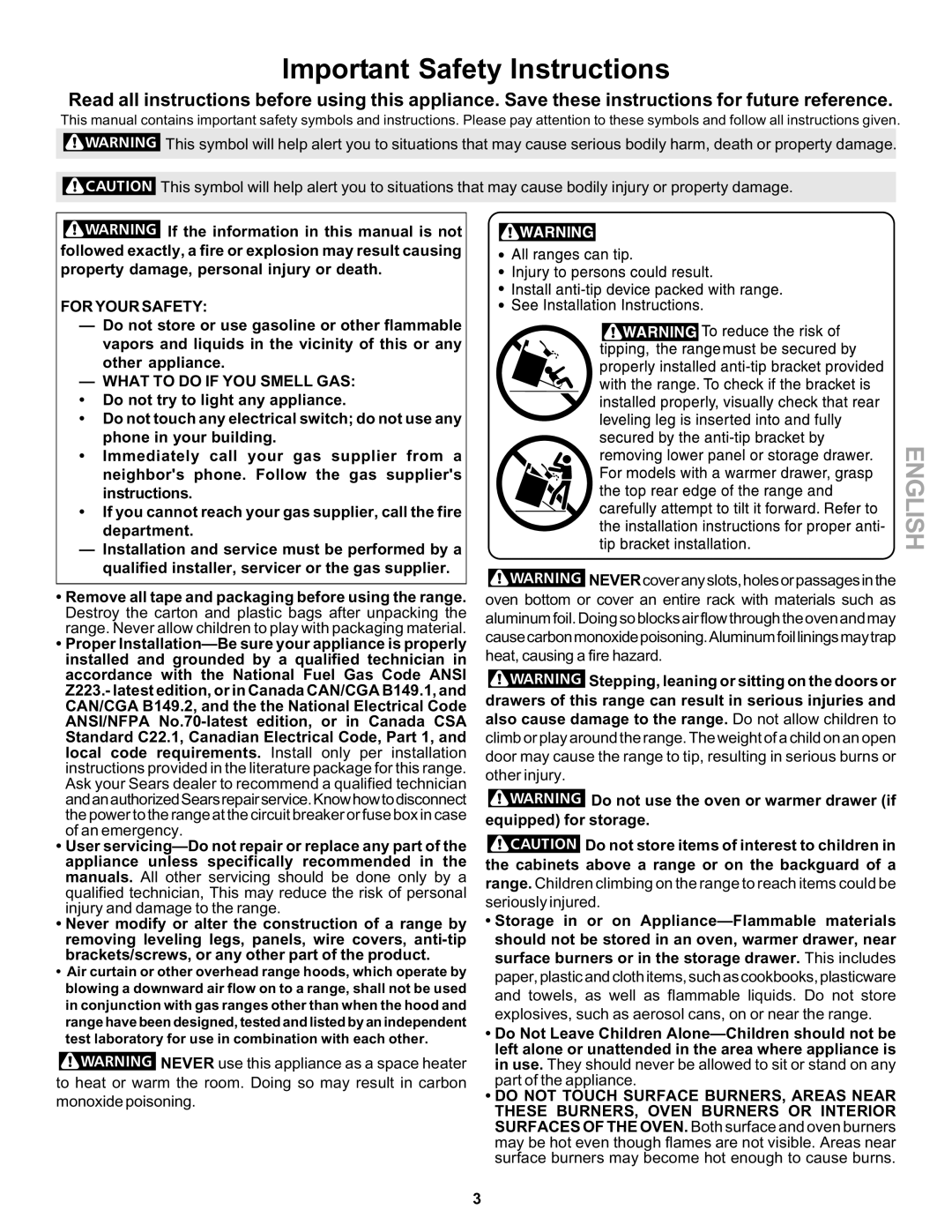 Kenmore 790 manual Important Safety Instructions, Do not use the oven or warmer drawer if equipped for storage 