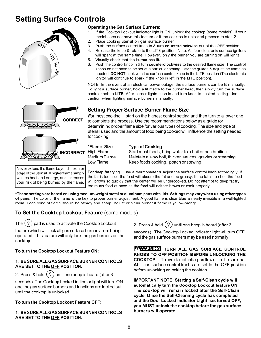 Kenmore 790 manual Setting Surface Controls, To Set the Cooktop Lockout Feature some models 