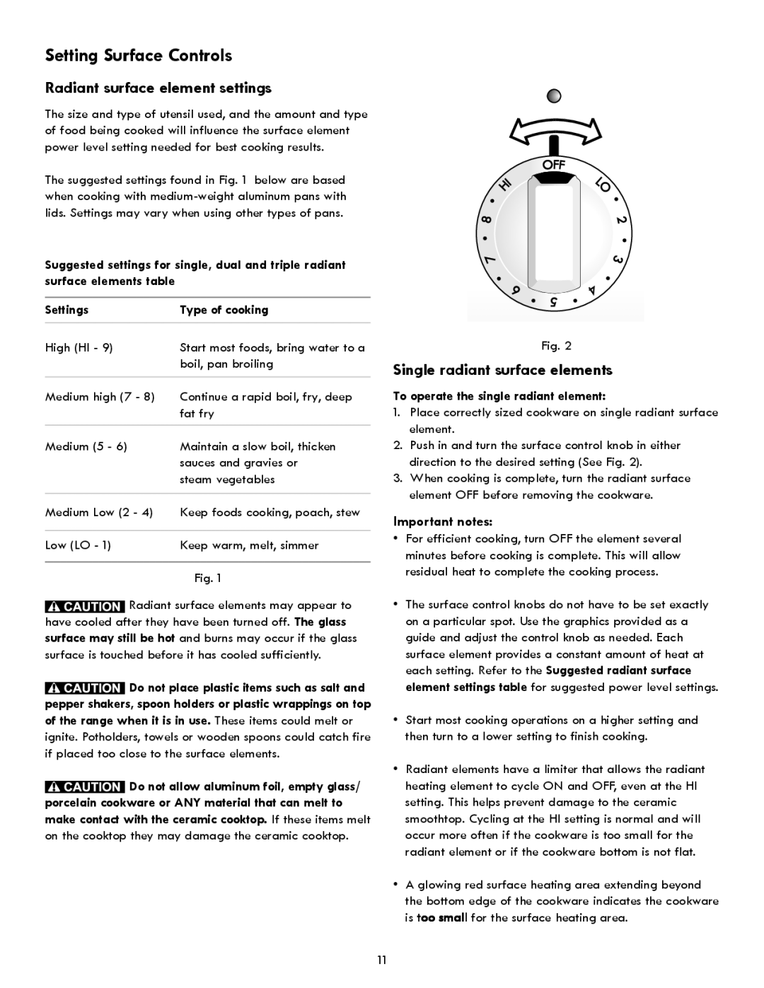 Kenmore 790 manual Setting Surface Controls, Radiant surface element settings, Single radiant surface elements 