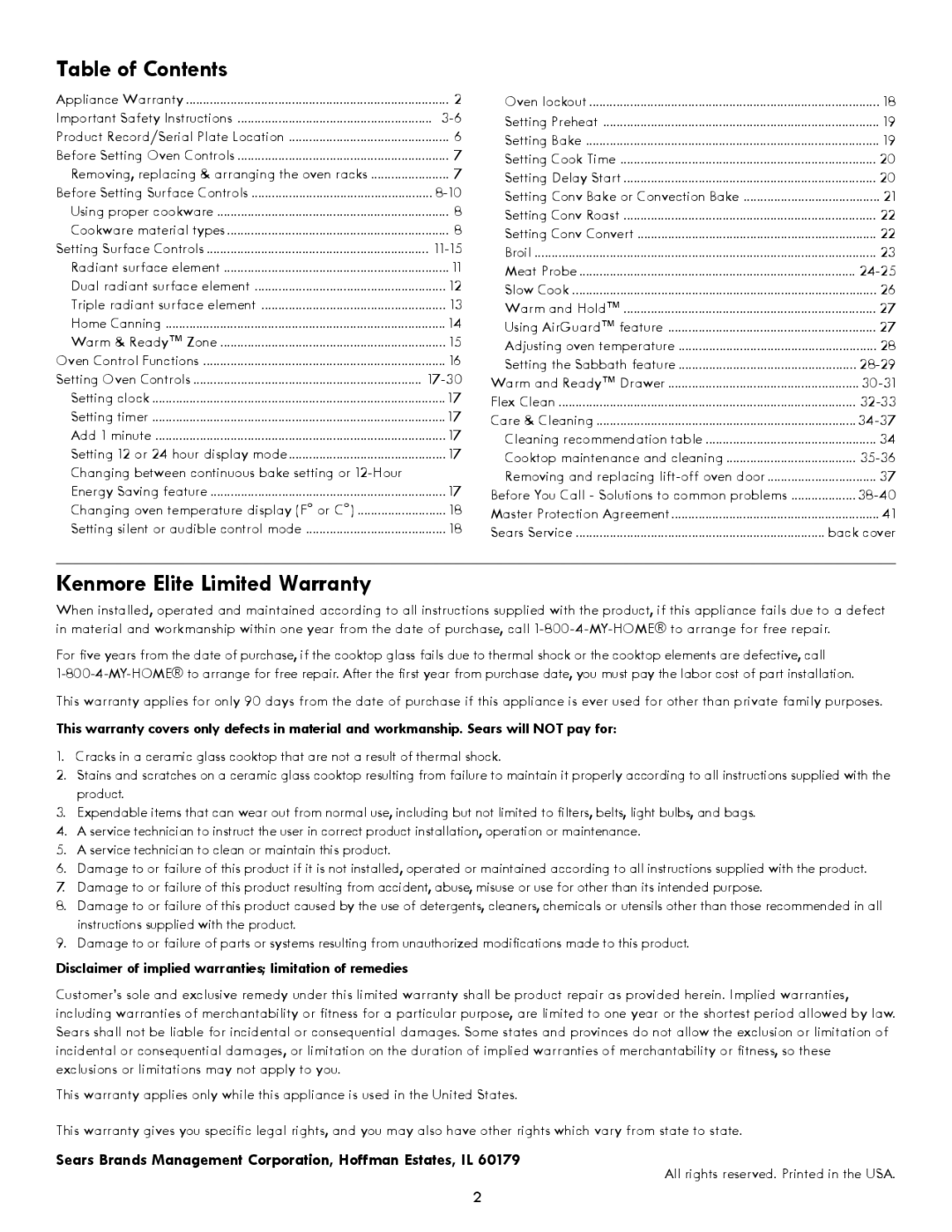 Kenmore 790 manual Table of Contents, Kenmore Elite Limited Warranty 