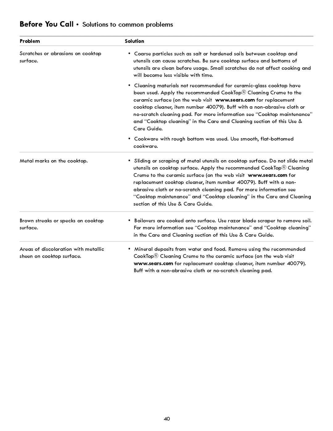 Kenmore 790 manual Surface, Care and Cleaning section of this Use & Care Guide, Areas of discoloration with metallic 