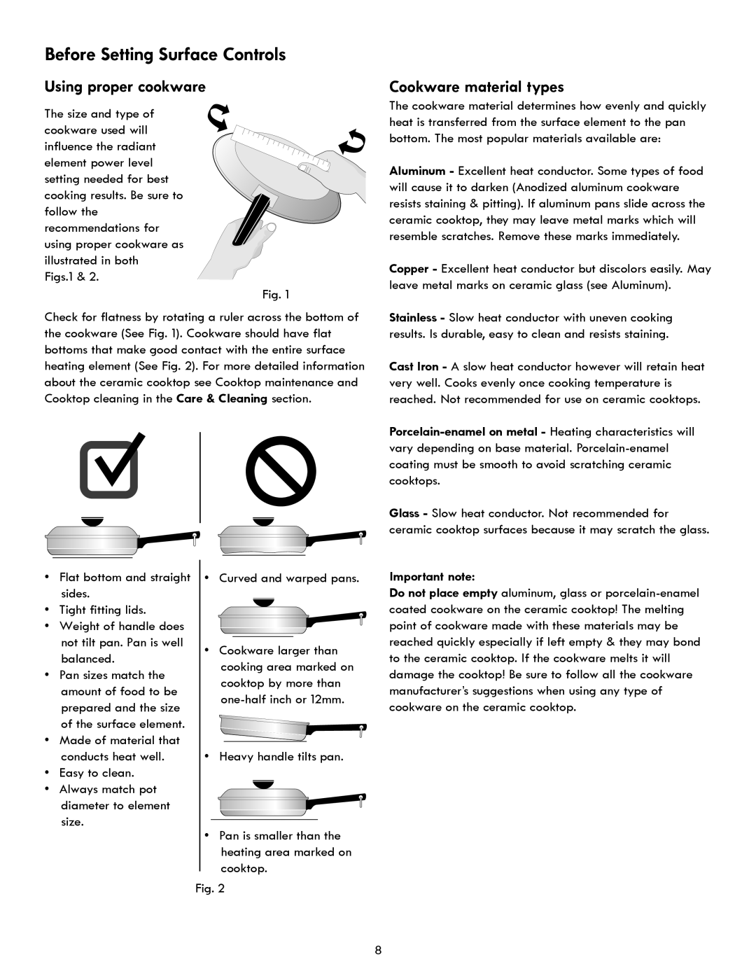 Kenmore 790 manual Before Setting Surface Controls, Using proper cookware, Cookware material types, Important note 