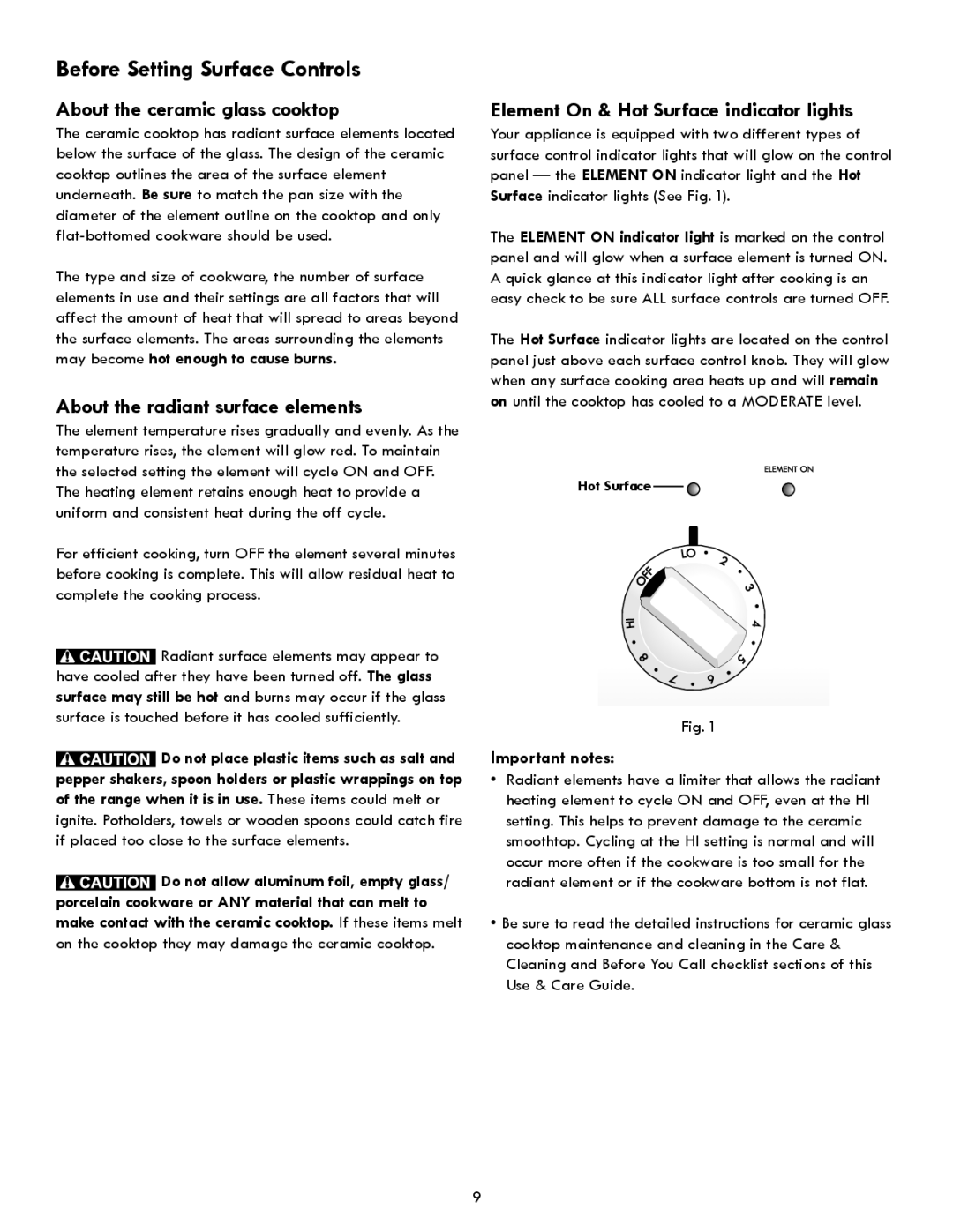 Kenmore 790 About the ceramic glass cooktop, About the radiant surface elements, Element On & Hot Surface indicator lights 