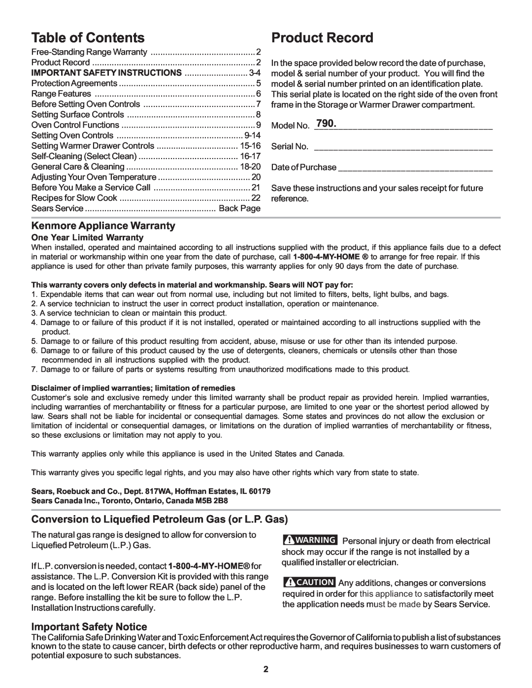 Kenmore 790 manual Kenmore Appliance Warranty, Conversion to Liquefied Petroleum Gas or L.P. Gas, Important Safety Notice 