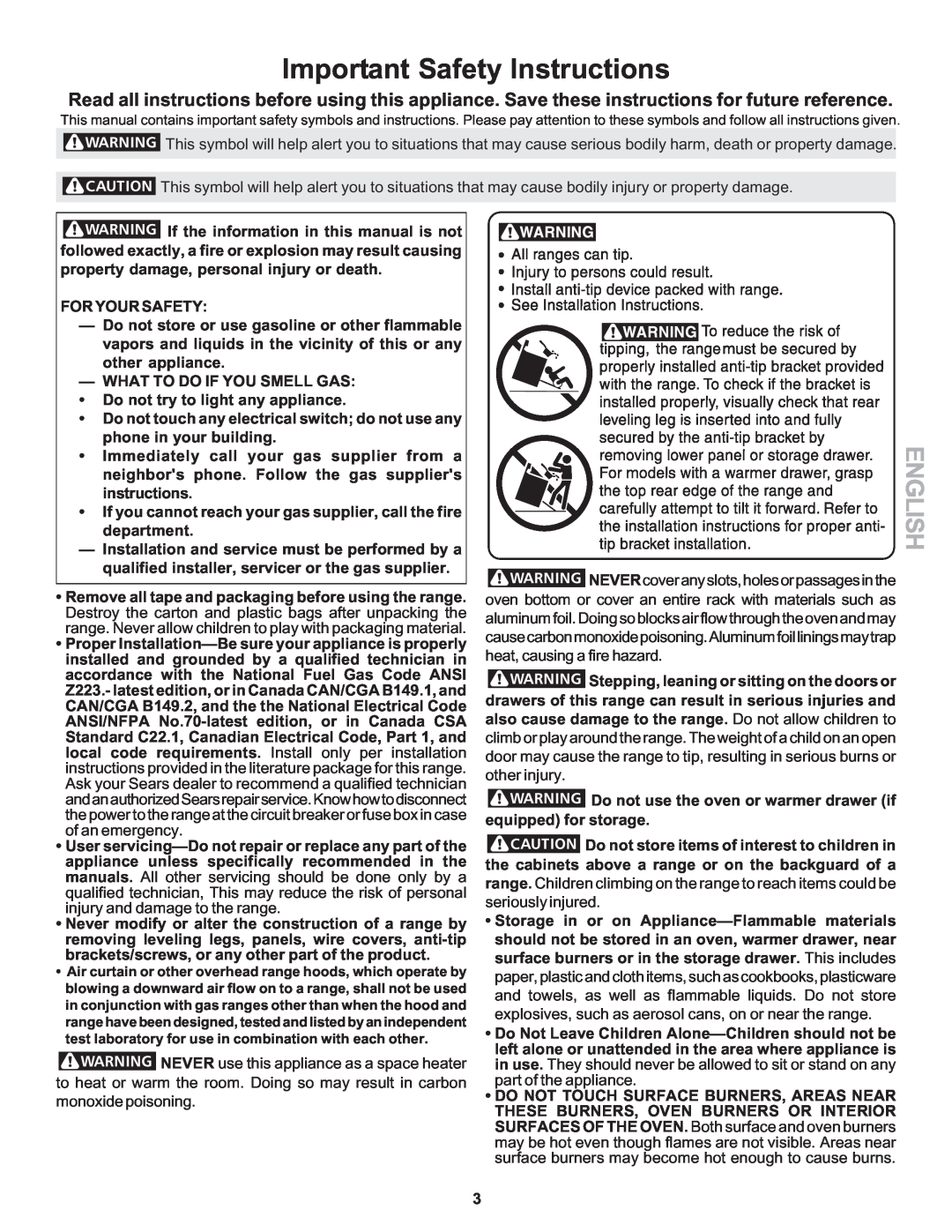 Kenmore 790 manual Important Safety Instructions, English, For Your Safety 