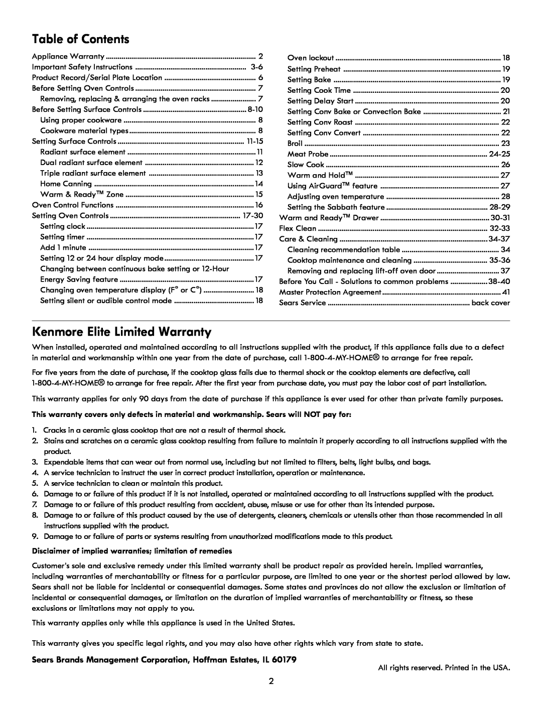 Kenmore 790 manual Table of Contents, Kenmore Elite Limited Warranty 