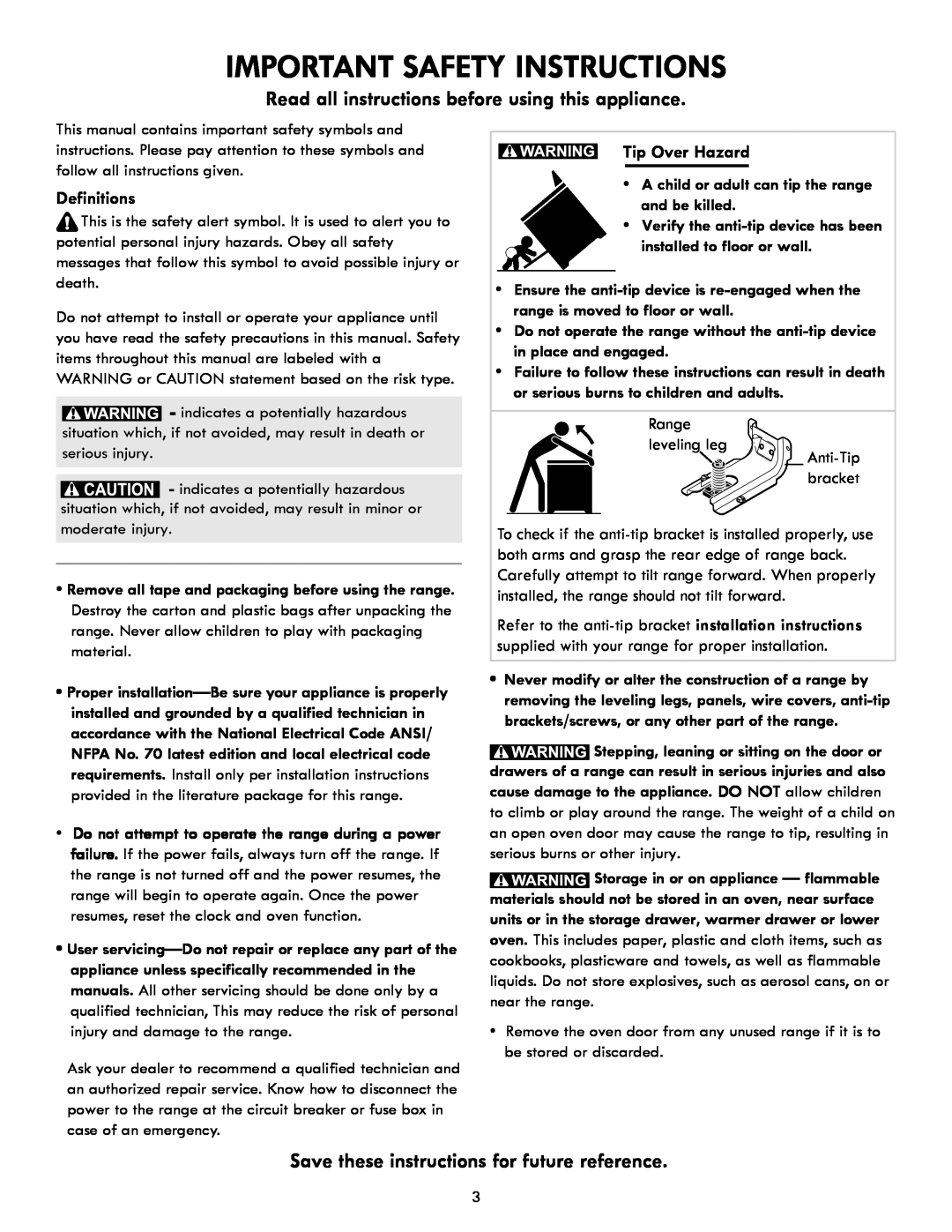 Kenmore 790 Important Safety Instructions, Read all instructions before using this appliance, Definitions, Tip Over Hazard 