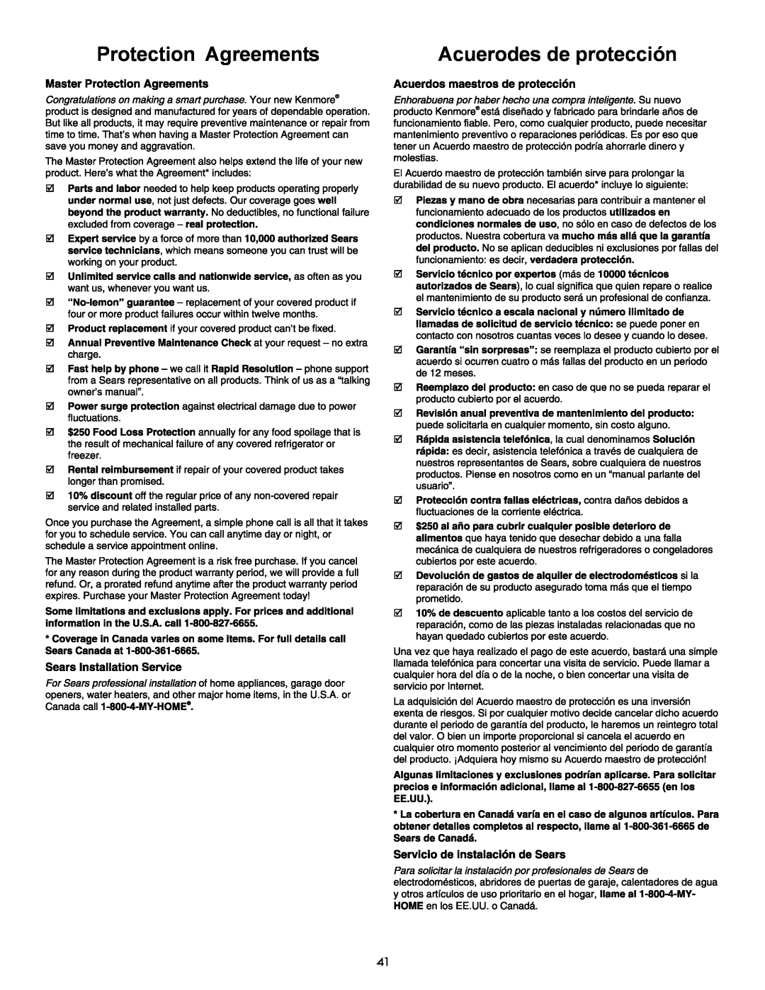 Kenmore 790 manual Protection Agreements, Acuerodes de protección 