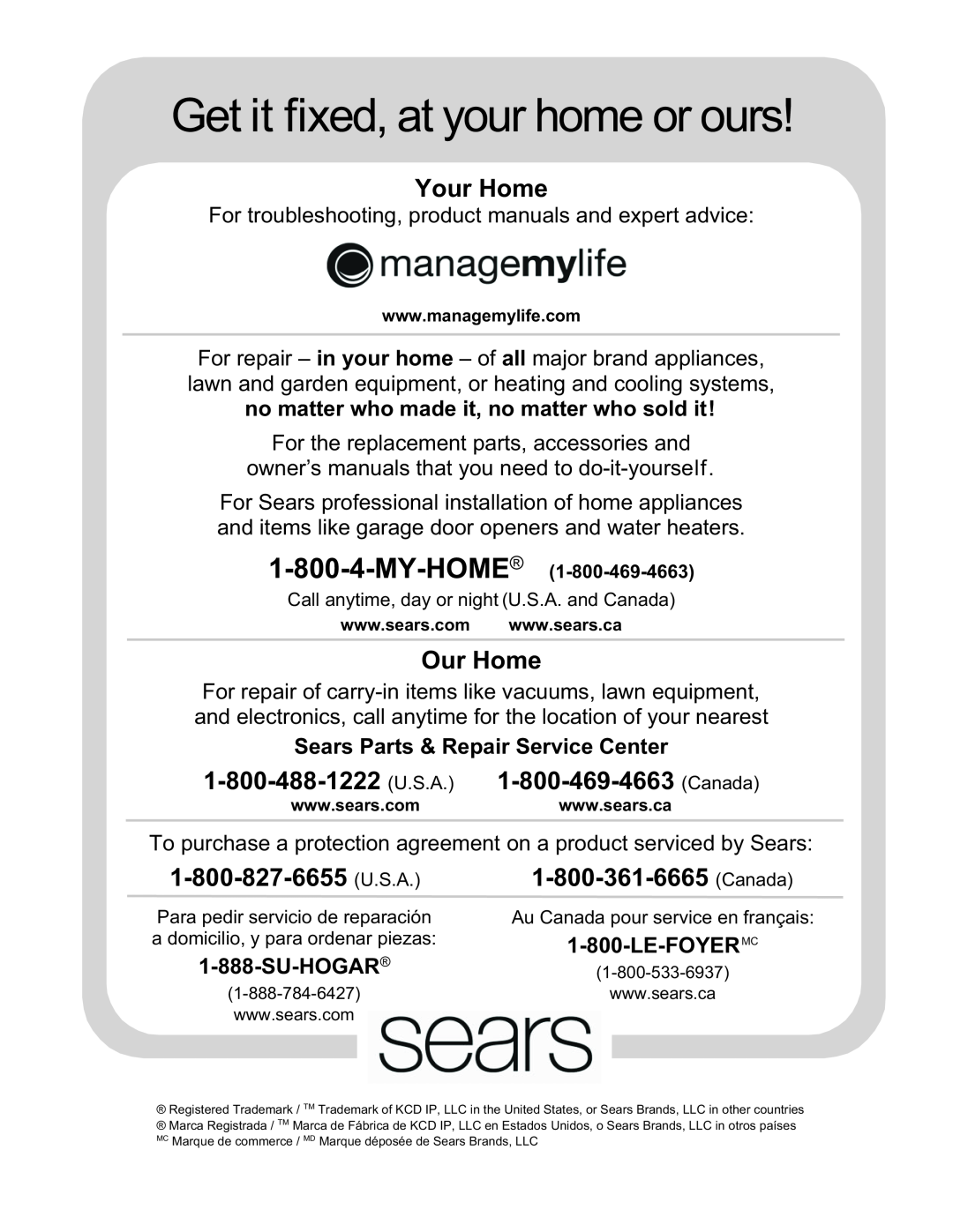 Kenmore 790 manual Your Home, Our Home, Sears Parts & Repair Service Center, Su-Hogar, Get it fixed, at your home or ours 