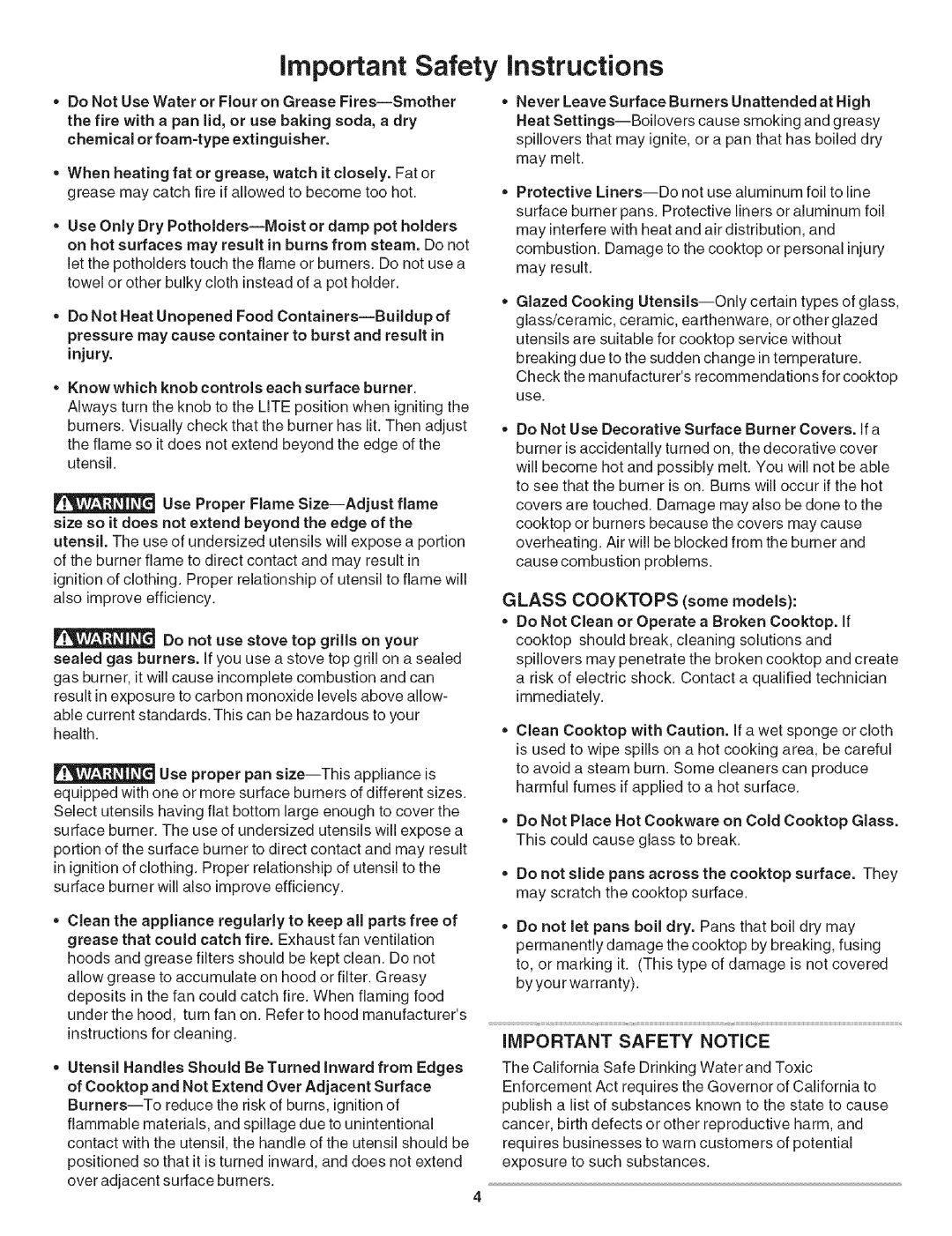 Kenmore 790.3101 manual Important Safety instructions, Glass Cooktops some models 