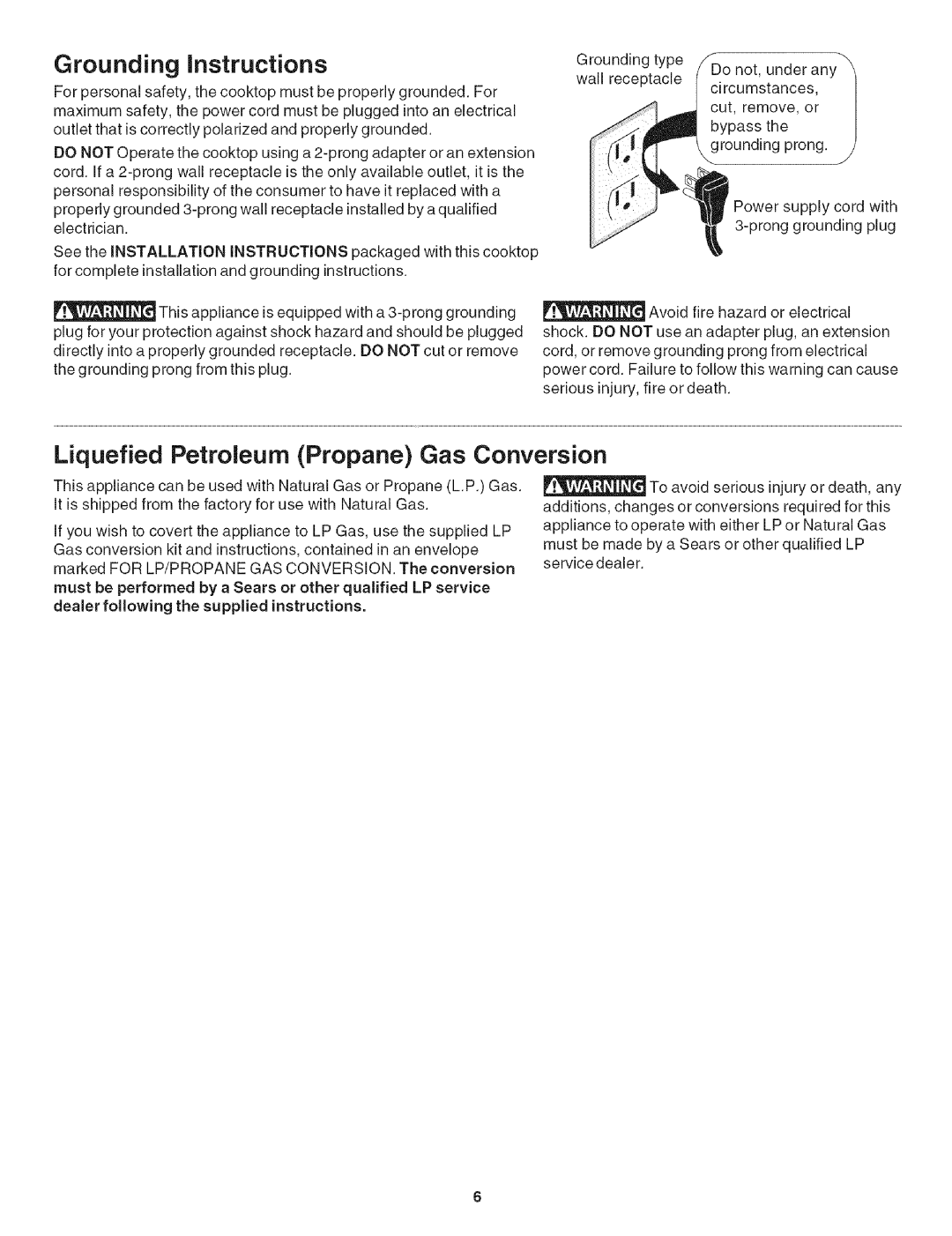 Kenmore 790.3101 manual Grounding instructions, Liquefied Petroleum Propane Gas Conversion 