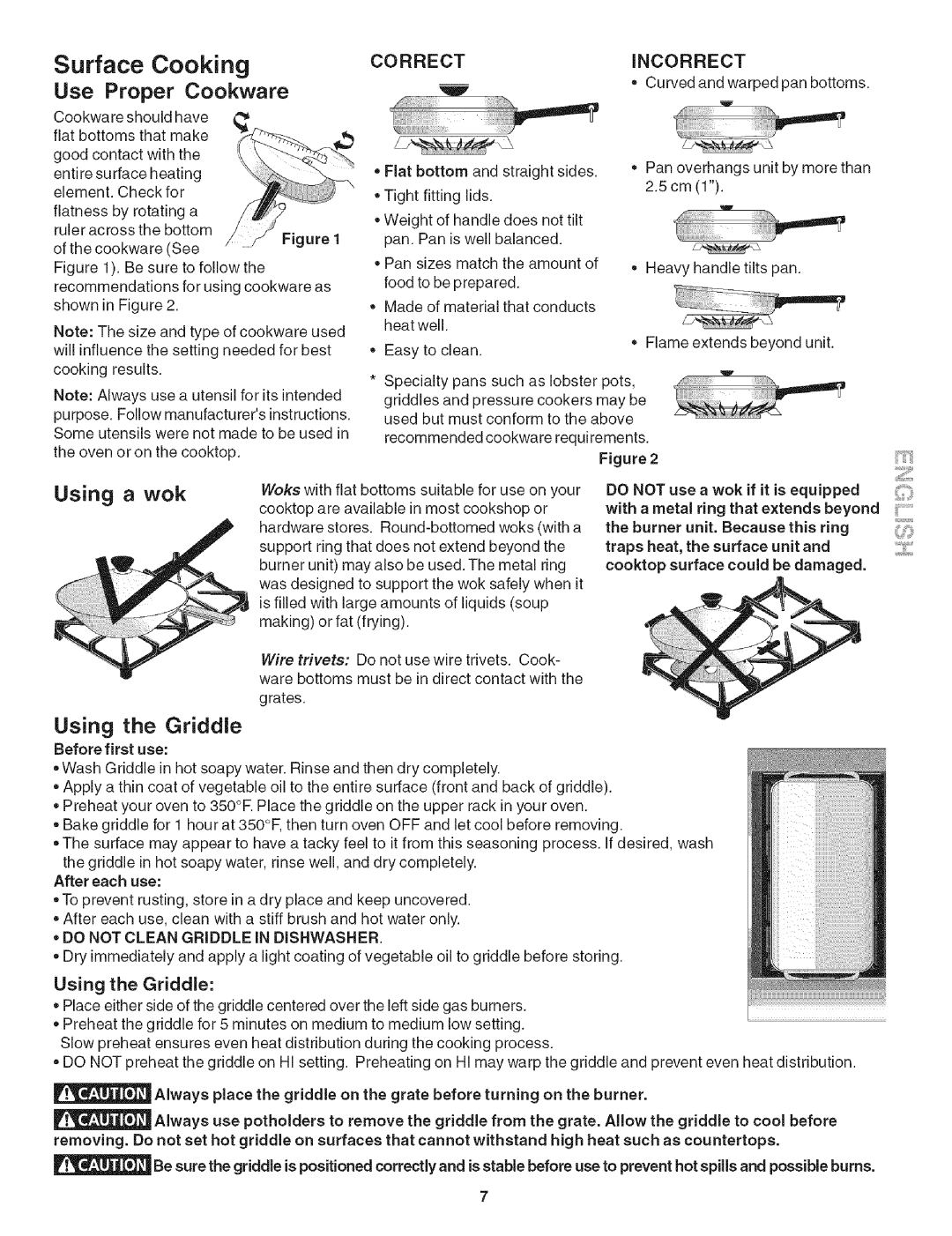 Kenmore 790.3101 manual Surface Cooking, Use Proper Cookware, Using Wok, Using the Griddle 