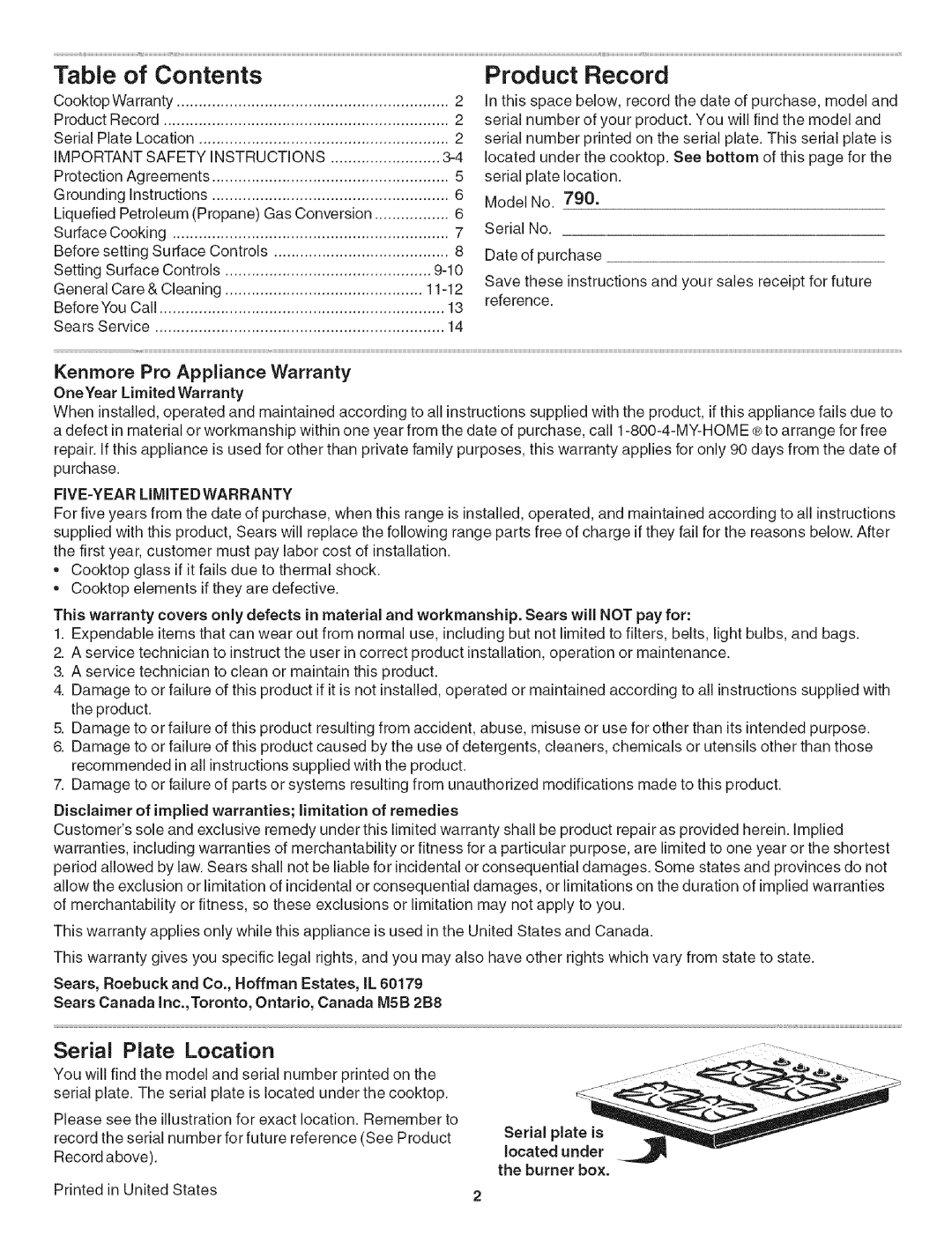 Kenmore 790.3101 manual of Contents, Product, Record, Serial Plate Location, Kenmore Pro Appliance Warranty 