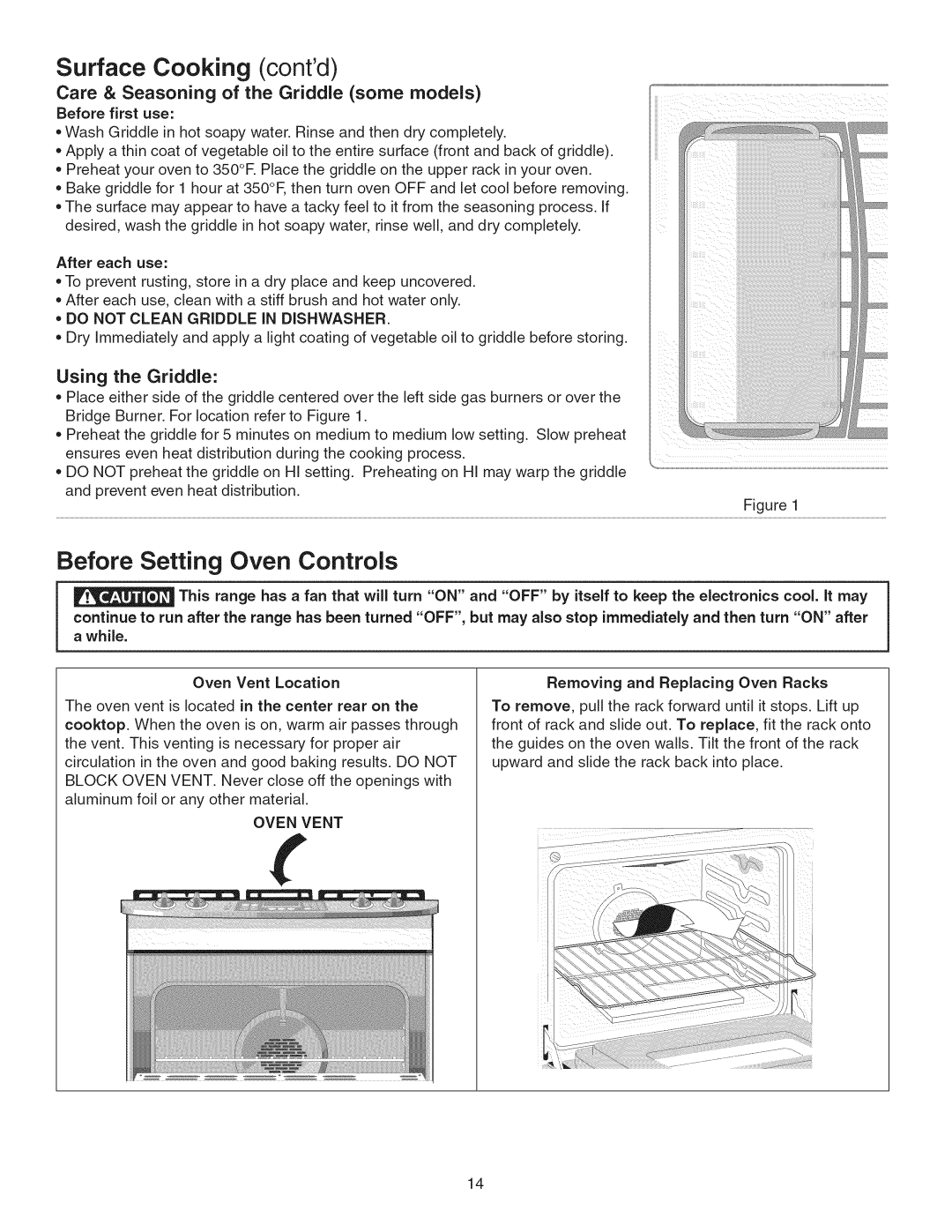 Kenmore 790.3103 manual Surface Cooking contd, Before Setting Oven Controls, Care & Seasoning of the Griddle some models 