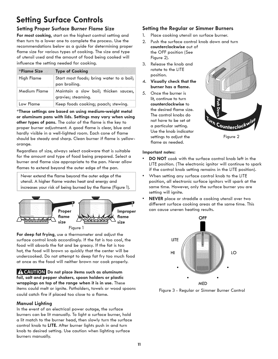 Kenmore 790.3105 manual Setting Proper Surface Burner Flame Size, Setting the Regular or Simmer Burners 