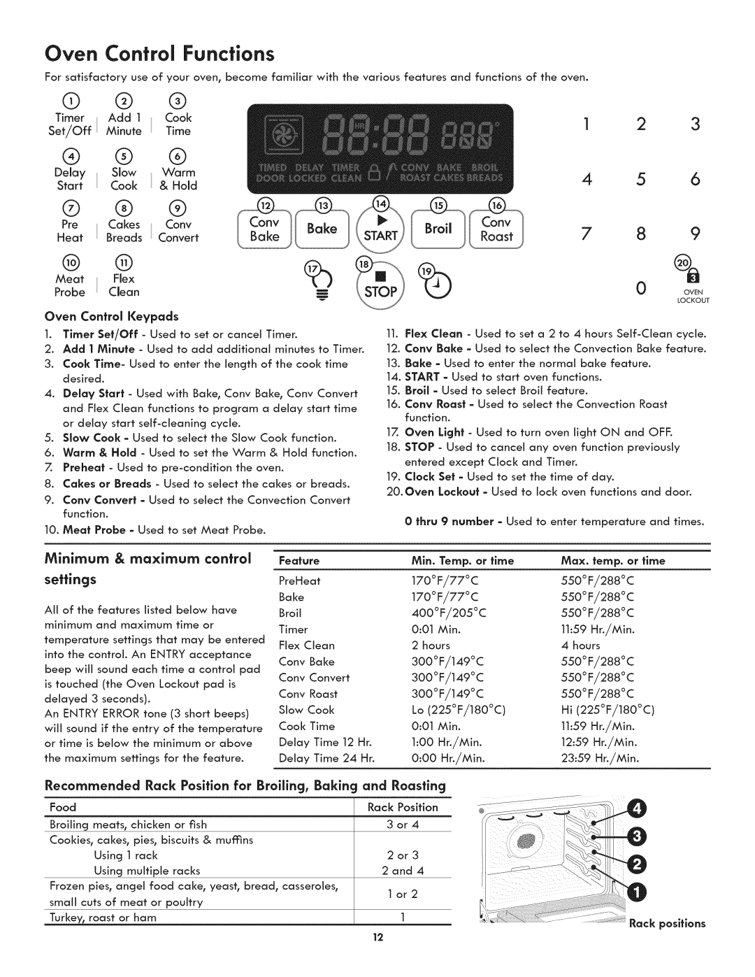 Kenmore 790.3105 Oven Control Functions, Recommended Rack Position for Broiling, Baking and Roasting, 20r3 2and Lor2, Min 