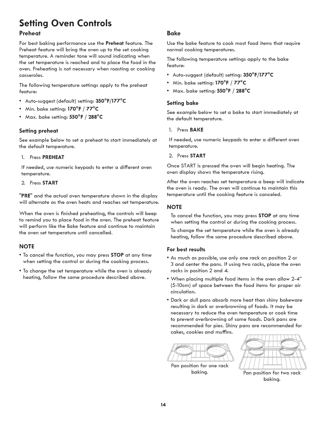 Kenmore 790.3105 manual Setting Oven Controls, Preheat, Bake, For best results, Setting bake 