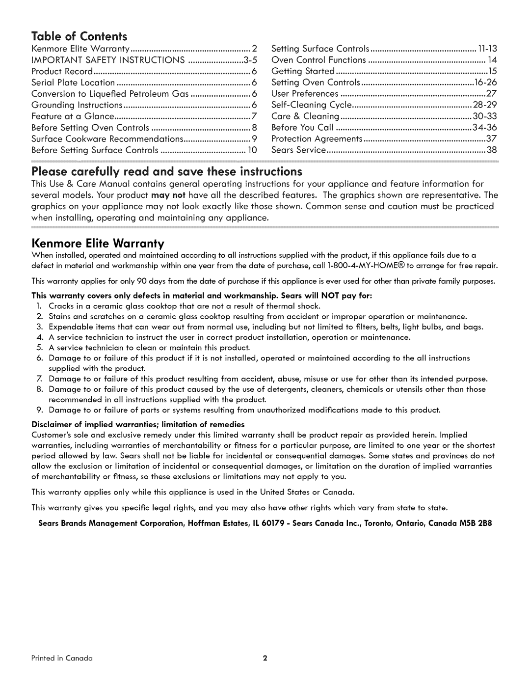 Kenmore 790.3105 manual Contents 