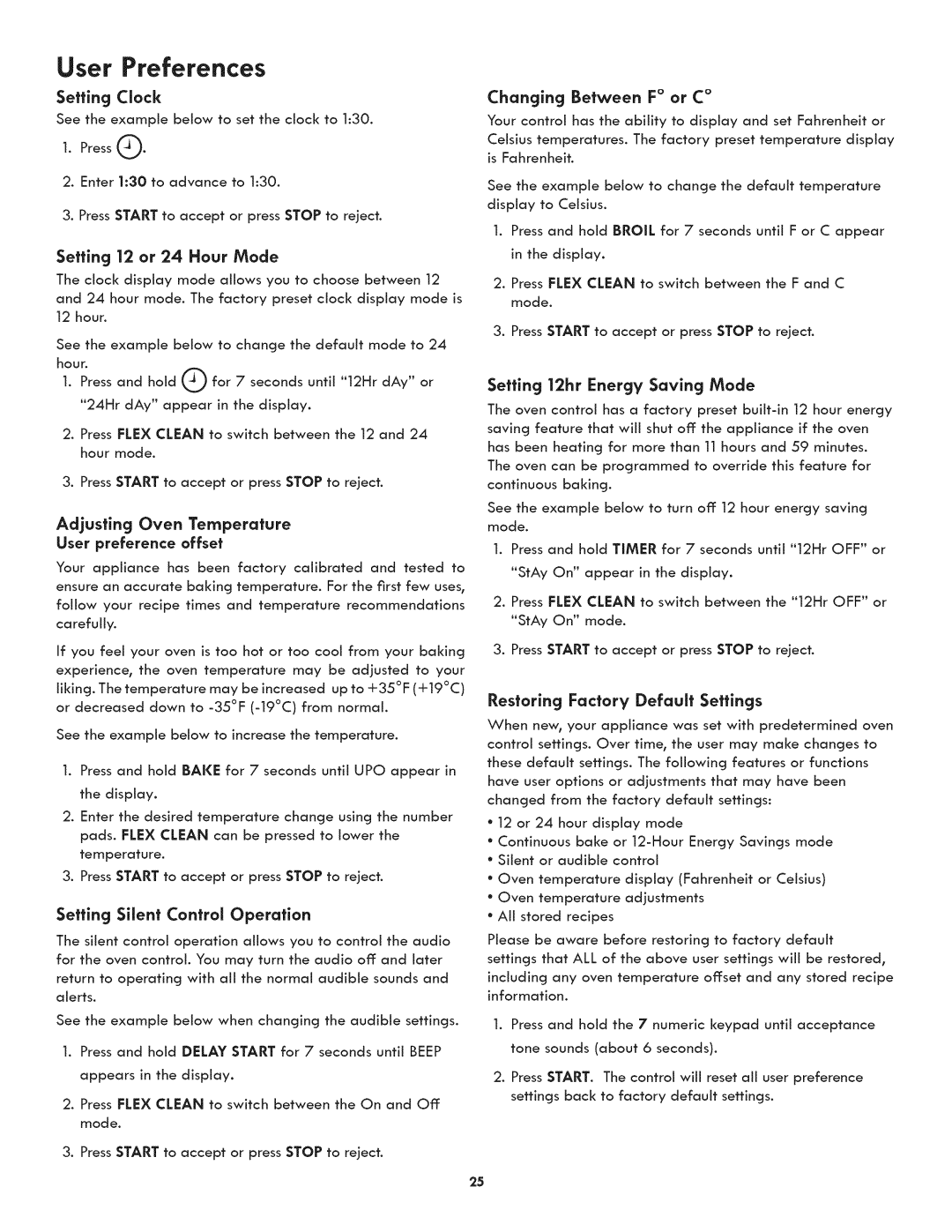 Kenmore 790.3105 Setting Clock, Adjusting Oven Temperature, Setting Silent Control Operation, Changing Between F or C 