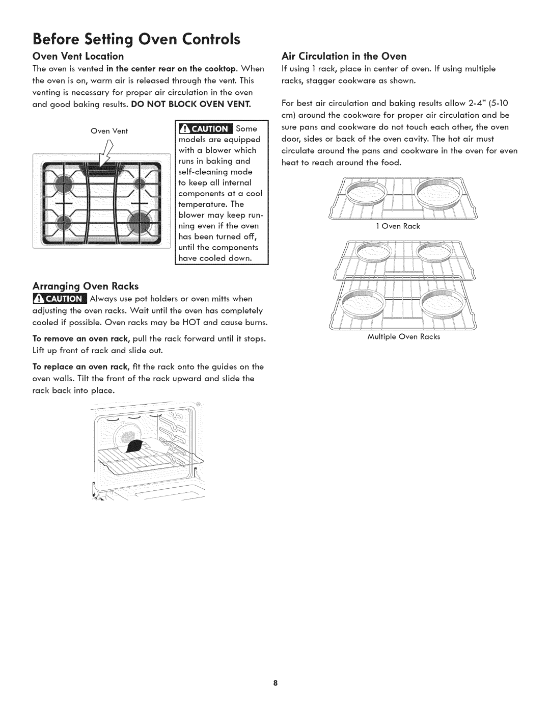 Kenmore 790.3105 manual Before Setting Oven Controls, Oven Vent Location, Arranging Oven, Racks, To remove 