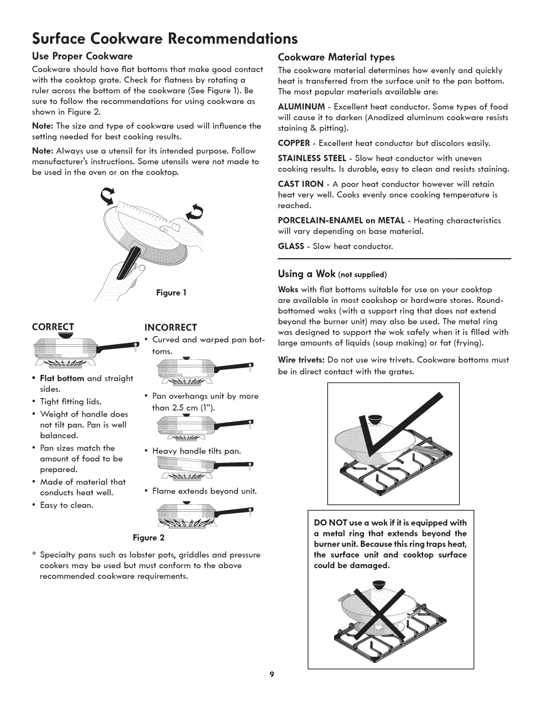 Kenmore 790.3105 Surface Cookware Recommendations, Cookware Material types, Use Proper Cookware, Using a Wok not supplied 