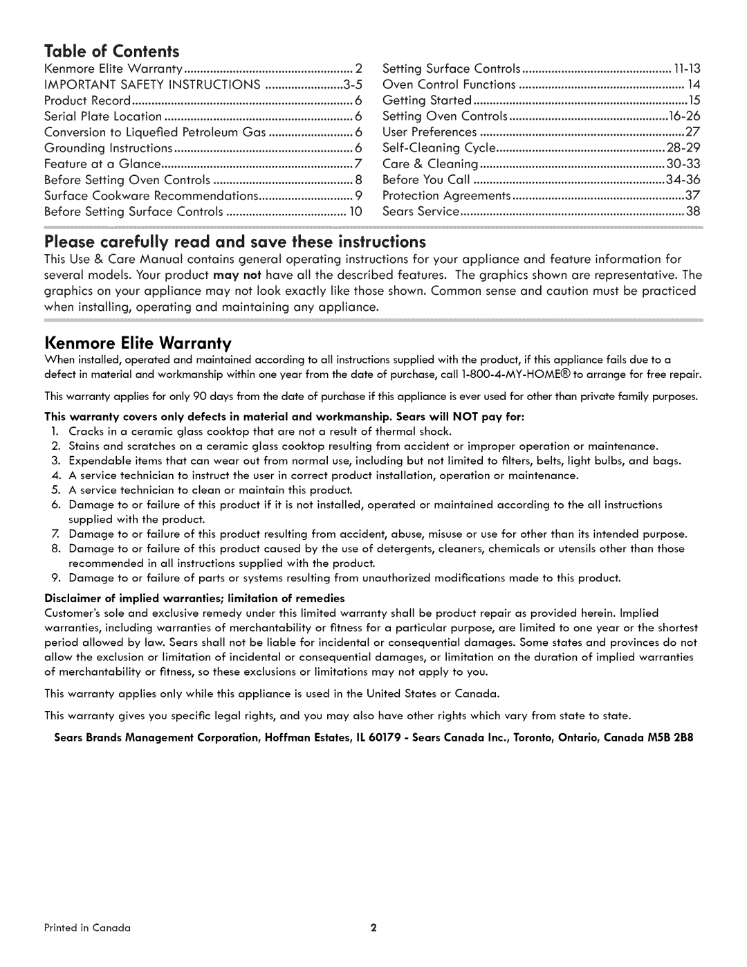 Kenmore 790.3105 Table, Please carefully read and save these instructions, of Contents, Kenmore Elite Warranty, Product 