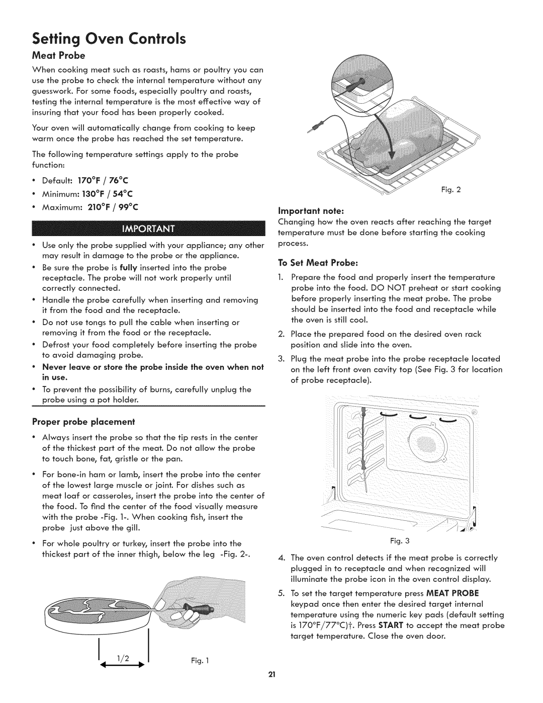 Kenmore 790.3105 manual Setting Oven Controls, To Set Meat Probe, Proper probe placement 