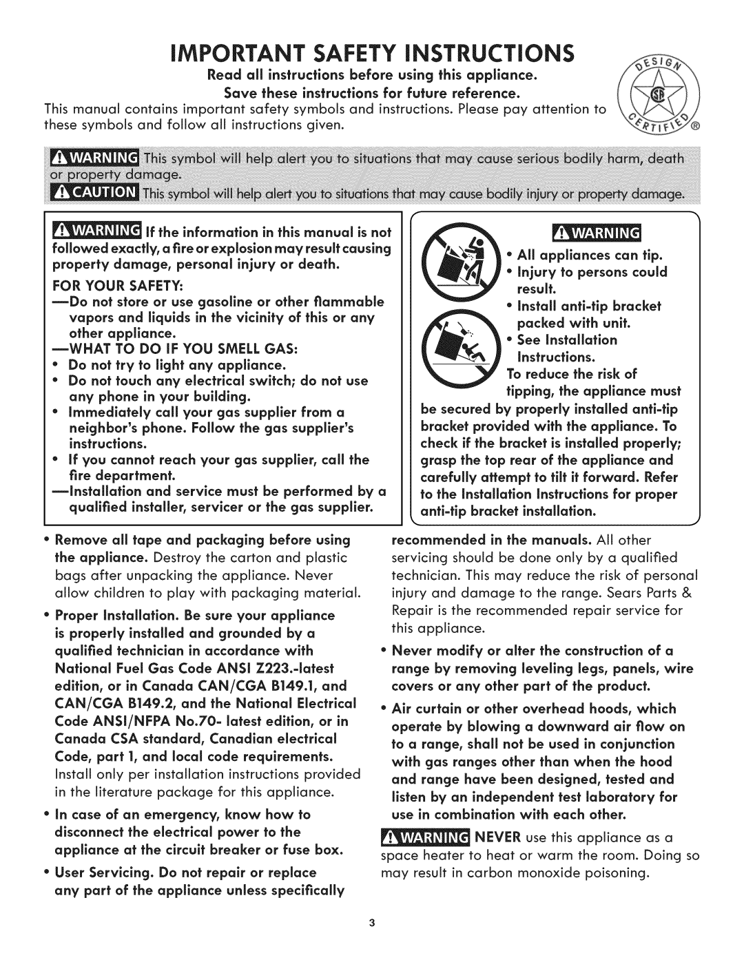Kenmore 790.3105 manual iMPORTANT SAFETY iNSTRUCTiONS 