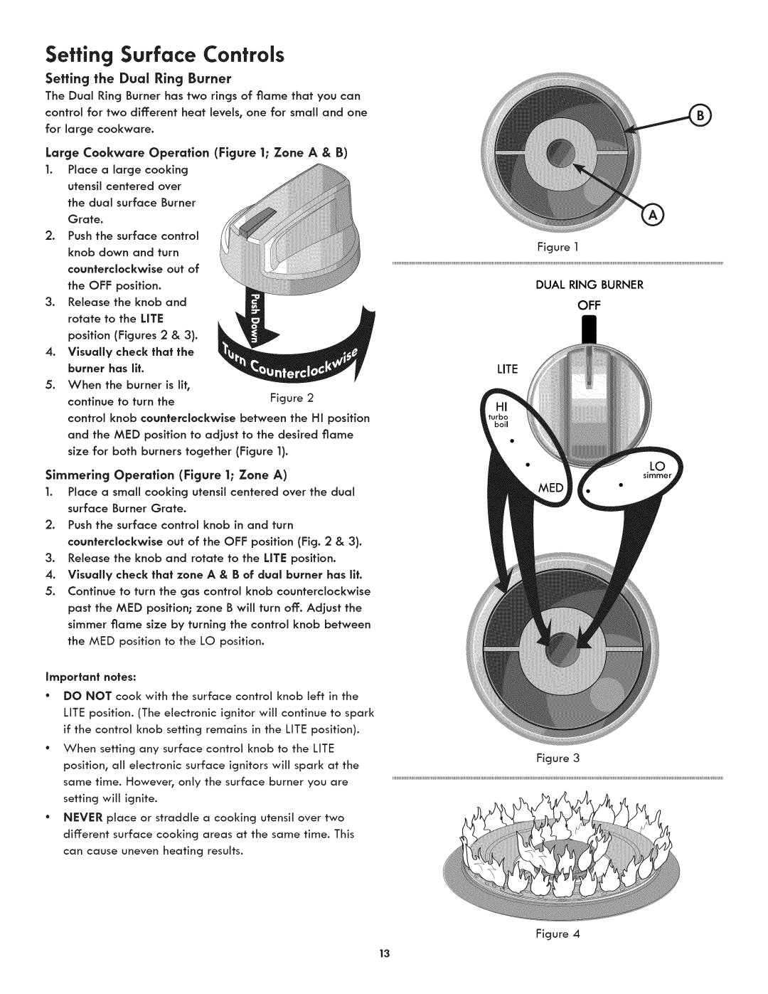 Kenmore 790.3107, 790.3106 manual Setting the Dual Ring Burner, Large Coakware Operation Zone a & B, Simmering Operation 