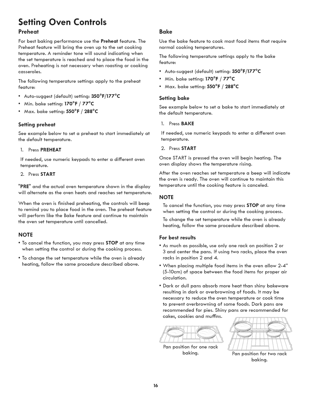 Kenmore 790.3106, 790.3107 manual Setting Oven Controls, Preheat, Bake, For best results, Setting bake 