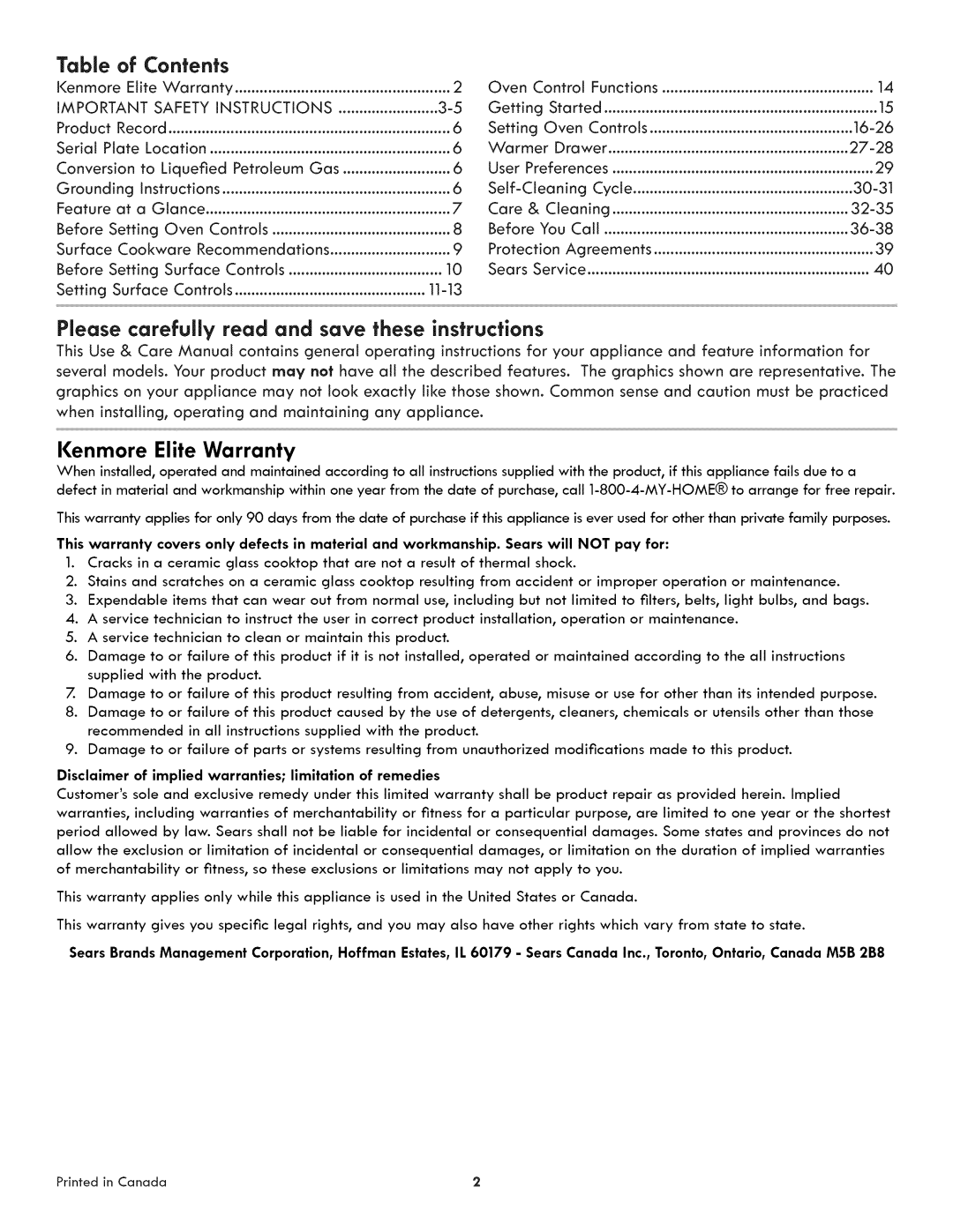 Kenmore 790.3106, 790.3107 manual Table of Contents 