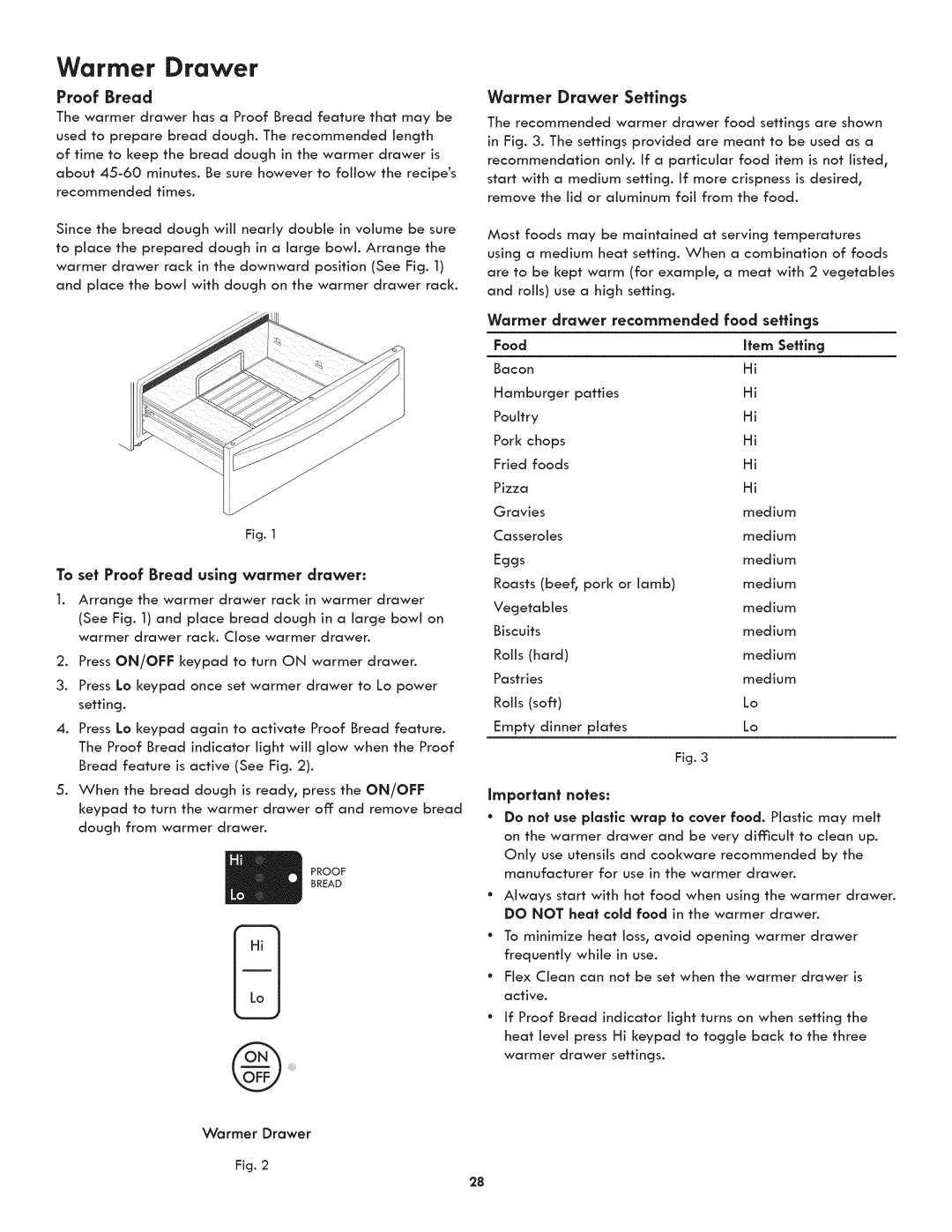 Kenmore 790.3106, 790.3107 manual Proof Bread, Warmer Drawer Settings, Warmer drawer recommended food settings 