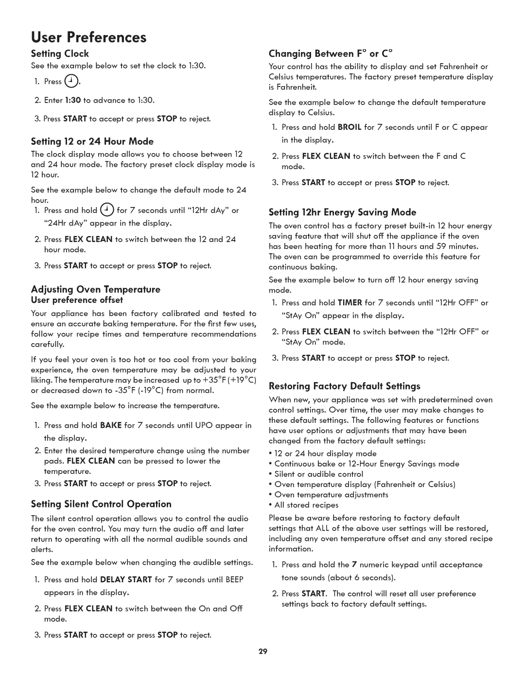 Kenmore 790.3107 Setting Clock, Adjusting Oven Temperature, Setting Silent Control Operation, Changing Between F or C 