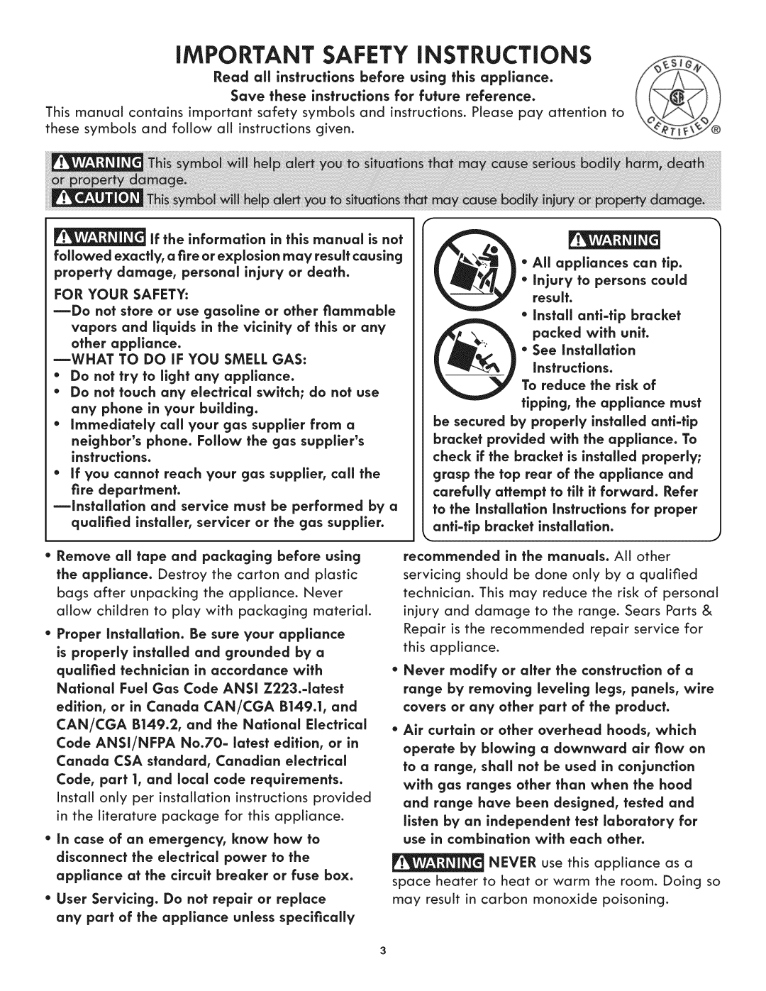 Kenmore 790.3107, 790.3106 manual Save these instructions for future reference, Property damage, personal injury or death 