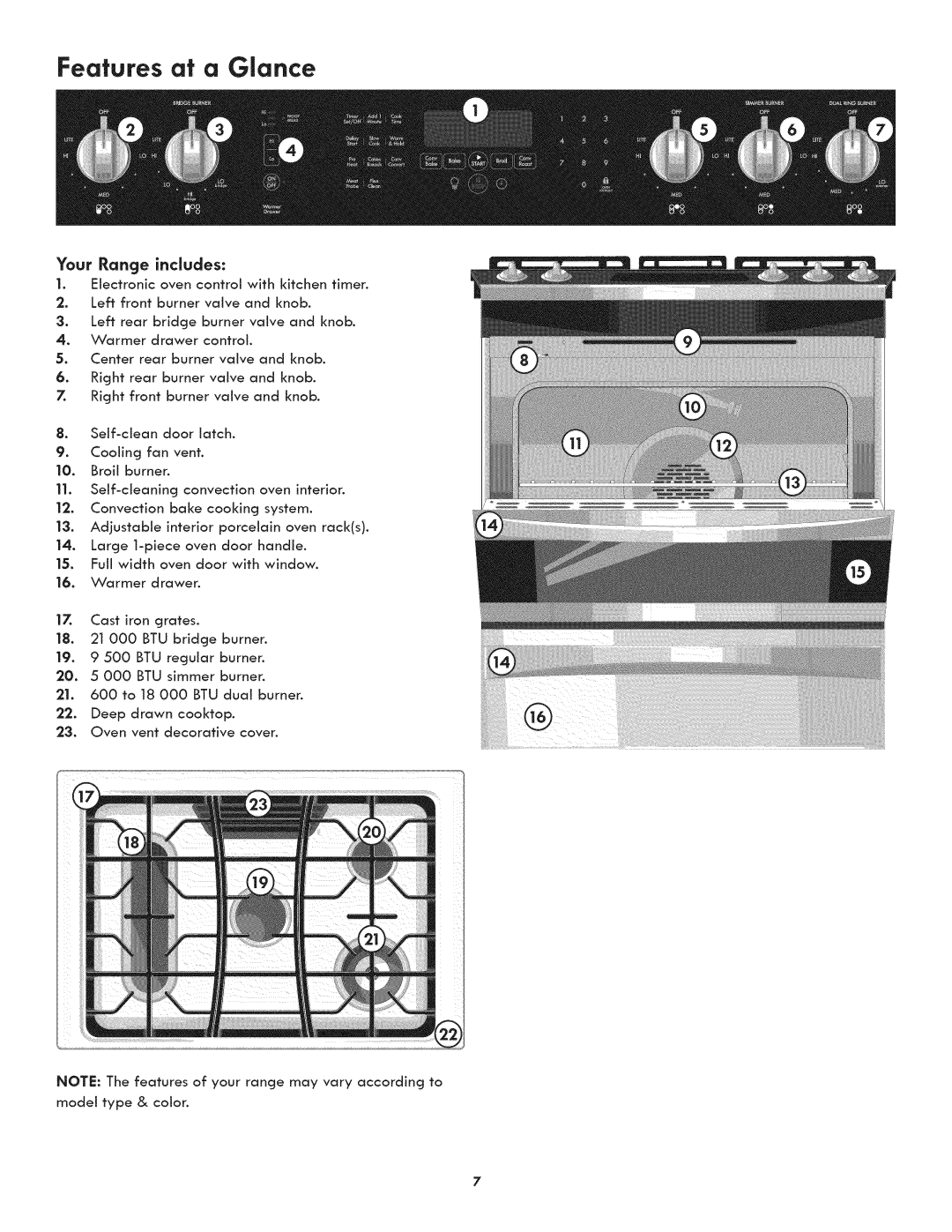 Kenmore 790.3107, 790.3106 manual Features at a Glance, Your Range includes 