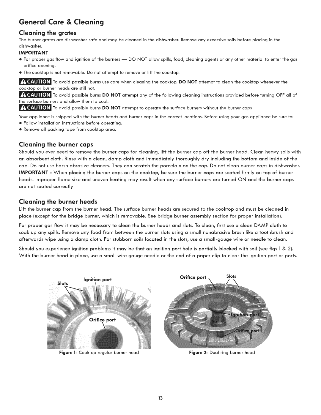 Kenmore 3231, 790.323, 3233, 3232, 3235 manual Cleaning the grates, Cleaning the burner caps, Heads 