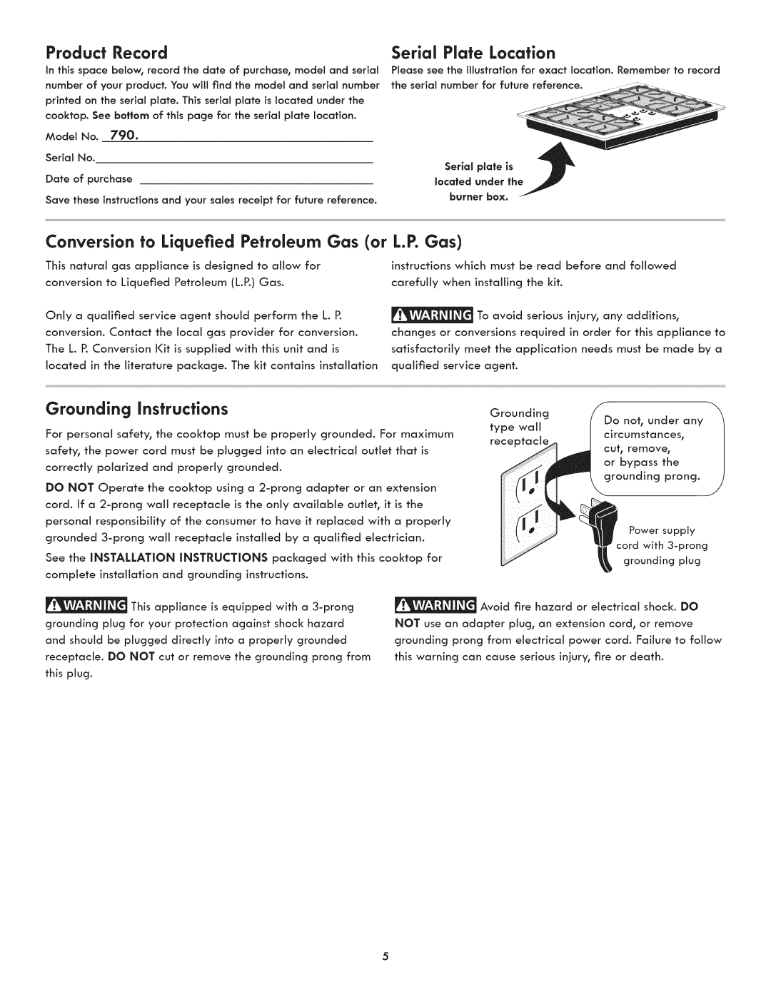 Kenmore 790.323, 3233, 3232, 3231, 3235 manual Product Record, Conversion to Liquefied Petroleum Gas or L.P. Gas 