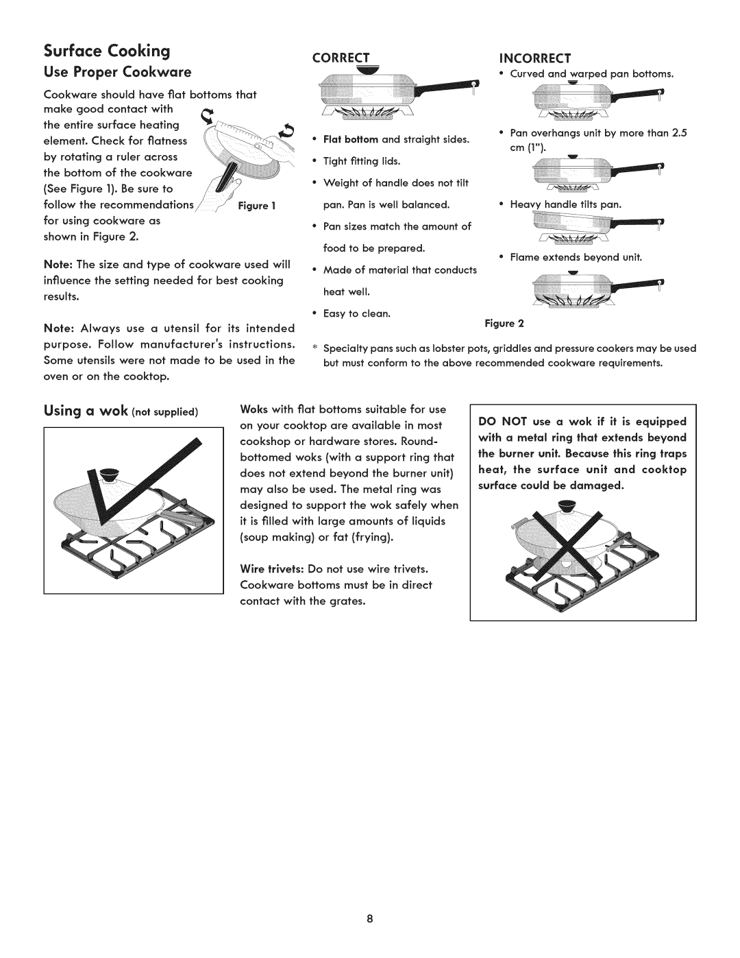 Kenmore 3231, 790.323, 3233, 3232, 3235 manual Surface Cooking, Use Proper Cookware, Using a wok .or supplied 