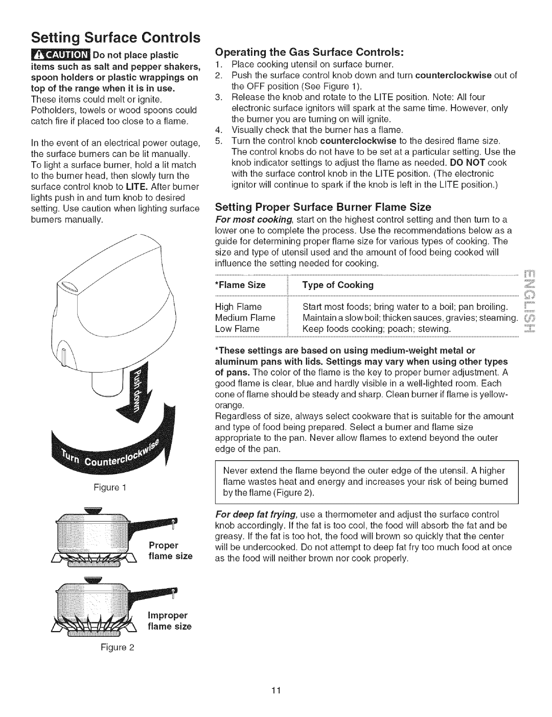 Kenmore 790.3671 Setting Surface Controls, Setting Proper Surface Burner Flame Size, Operating the Gas Surface Controls 