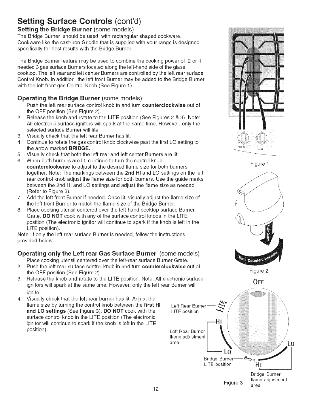 Kenmore 790.3671 manual Setting Surface Controls contd, Setting the Bridge Burner some models, Off 