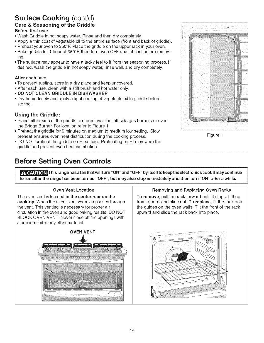 Kenmore 790.367 Surface Cooking contd, Before Setting Oven Controls, Care & Seasoning of the Griddle, Using the Griddle 