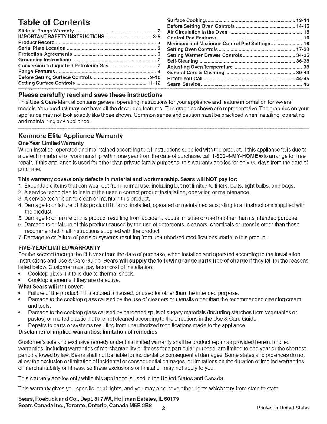 Kenmore 790.3671 manual Table of Contents 