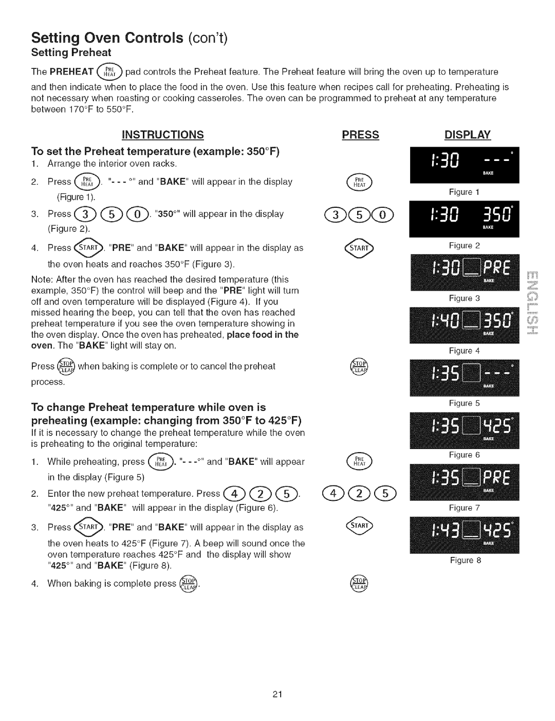 Kenmore 790.3671 manual Setting Preheat, To set the Preheat temperature example 350F 