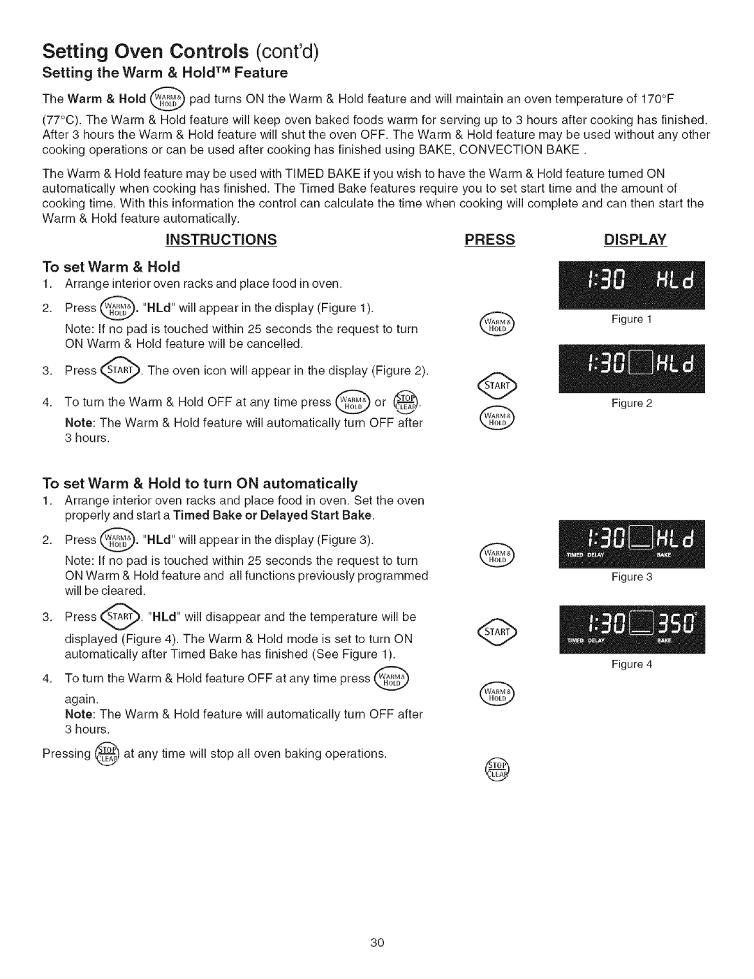 Kenmore 790.3671 manual Setting the Warm & Hold TM Feature, To set Warm & Hold to turn on automatically 