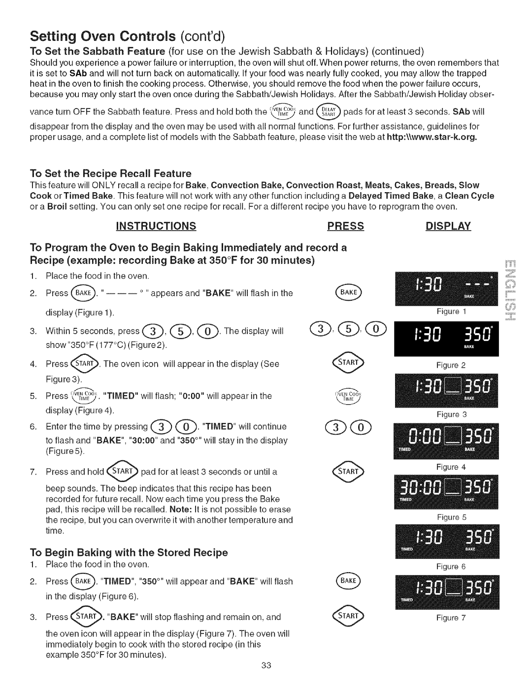 Kenmore 790.3671 manual Recipe example recording Bake at 350F for 30 minutes, To Begin Baking with the Stored Recipe 