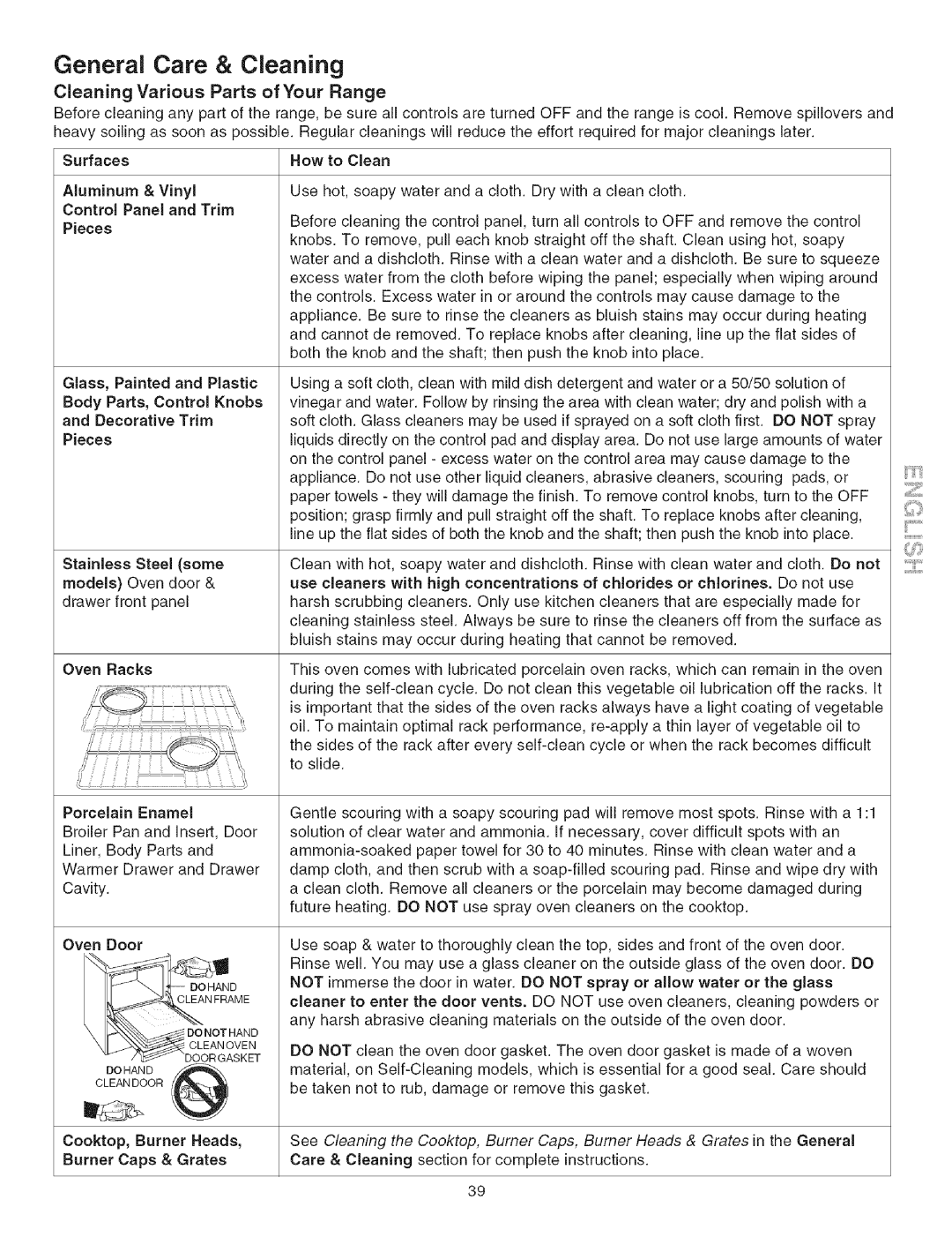 Kenmore 790.3671 manual General Care & Cleaning, Cleaning Various Parts of Your Range, Glass, Painted and Plastic 