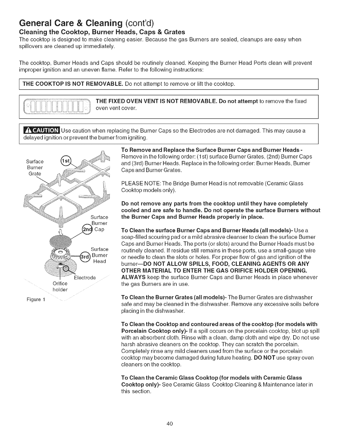 Kenmore 790.3671 manual General Care & Cleaning contd, Cleaning the Cooktop, Burner Heads, Caps & Grates 