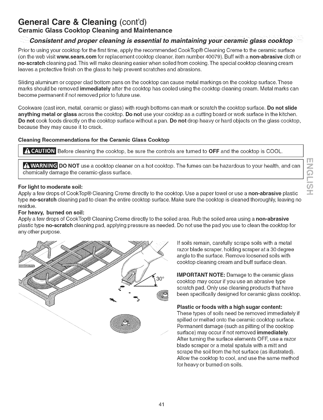 Kenmore 790.3671 Ceramic Glass Cooktop Cleaning and Maintenance, Cleaning Recommendations for the Ceramic Glass Cooktop 